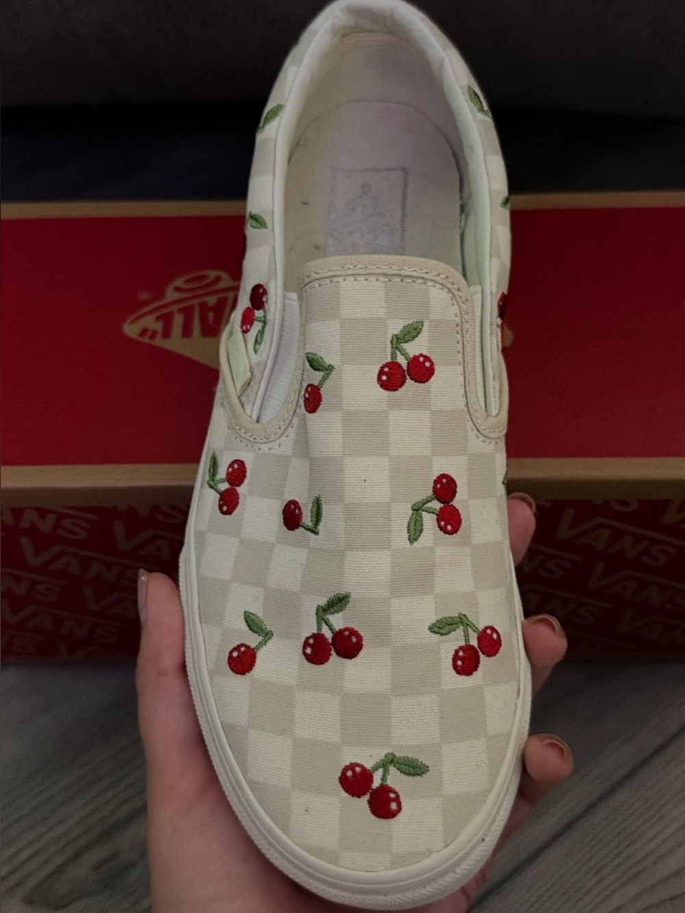 Woman’s Vans Cherry Slip-On Sneakers - White/Red
